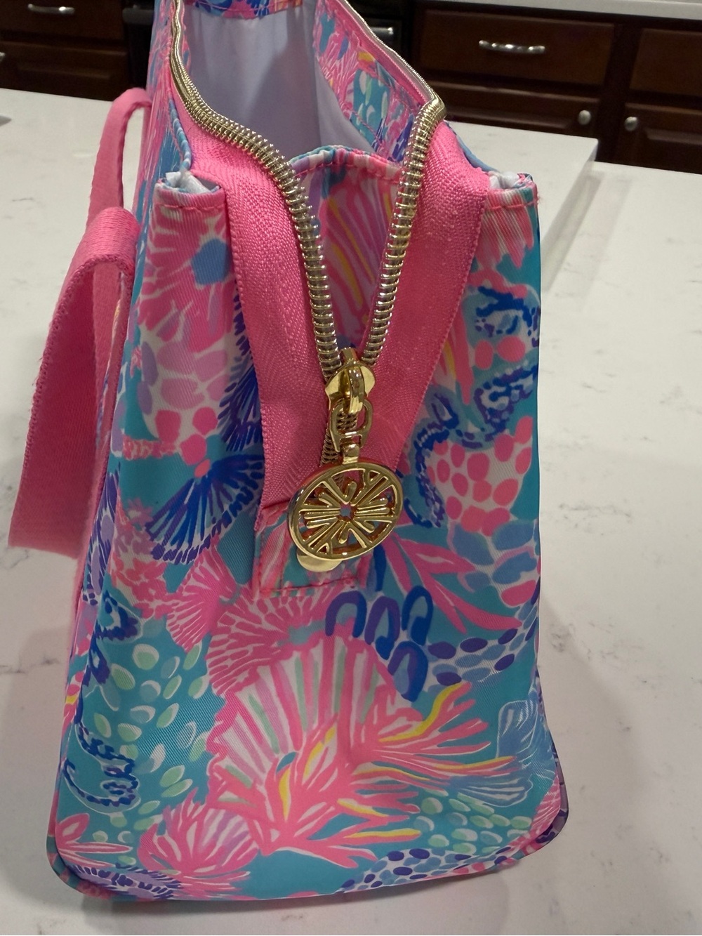 Lilly Pulitzer Pink & Aqua Floral Lunch Tote with Gold Logo - Picture 2 of 7